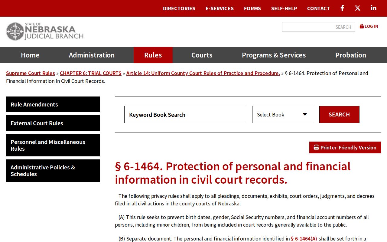 Nebraska civil court rule protecting personal and financial information