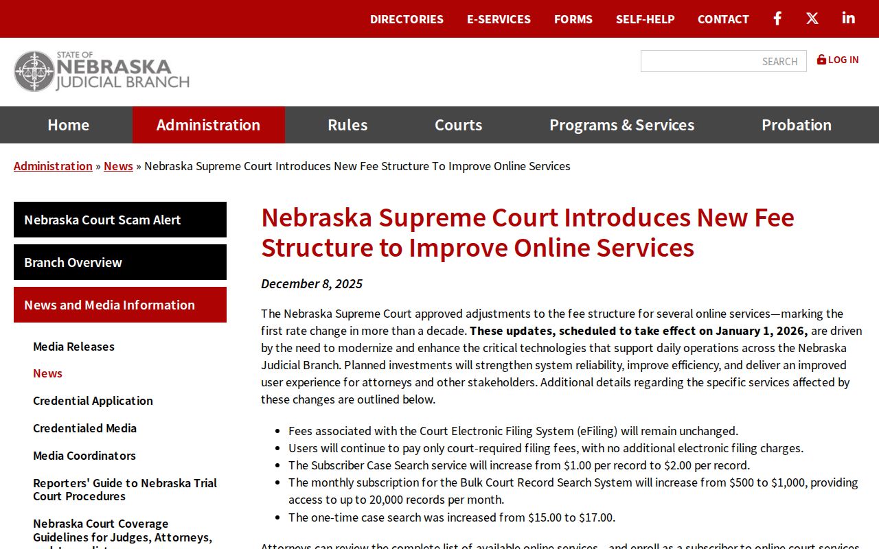 Nebraska Judicial Branch announcement about updated JUSTICE search fees