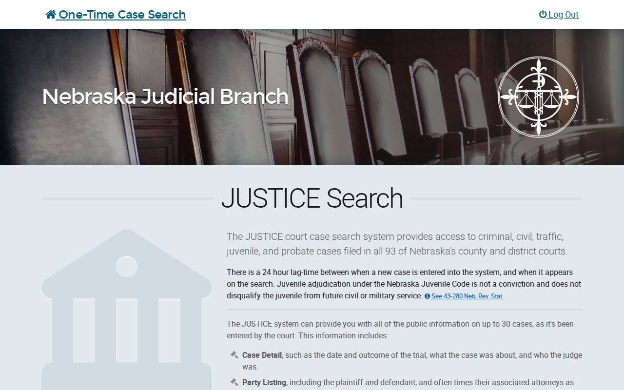 Nebraska JUSTICE case search terms and conditions page