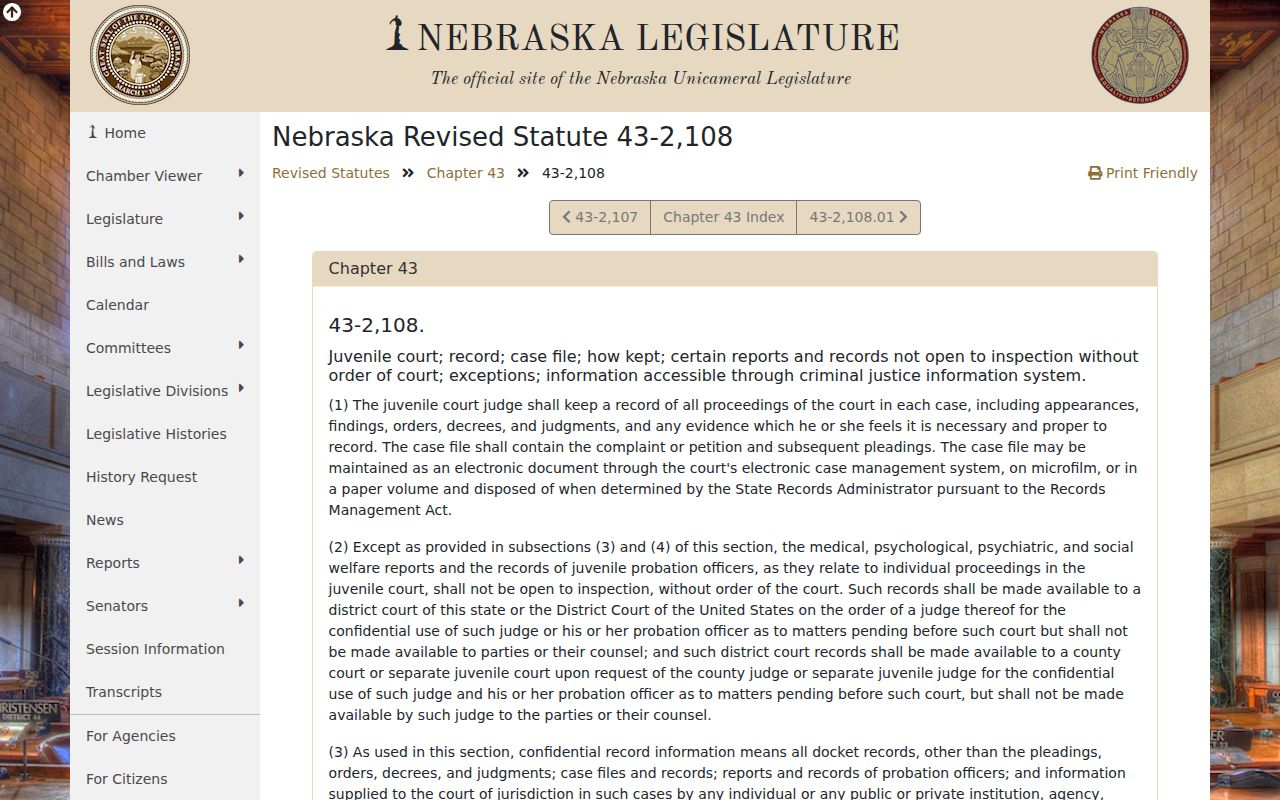Nebraska Legislature page for juvenile court record confidentiality