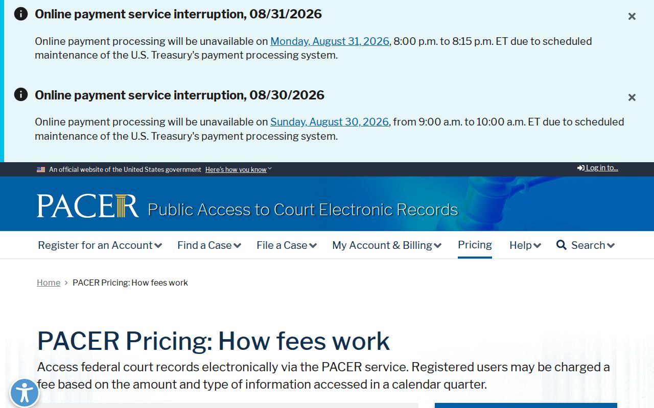 Jackson court docket reference to federal PACER access and pricing rules
