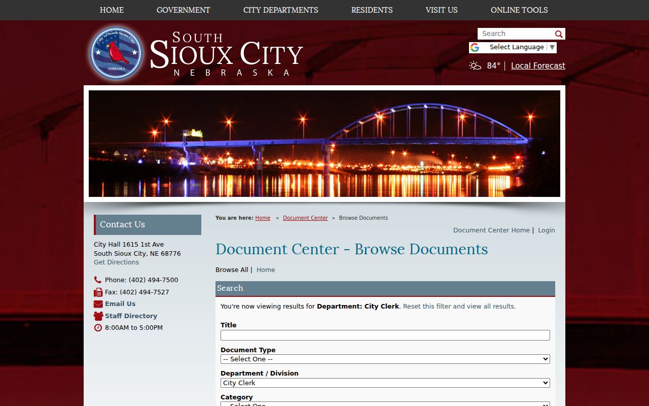 Dakota County South Sioux City court docket context showing city document center filters
