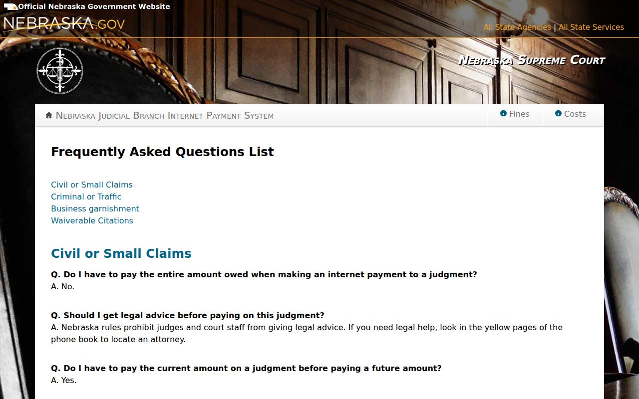 Dakota County traffic court records reference to Nebraska ePayments fee and payment FAQ